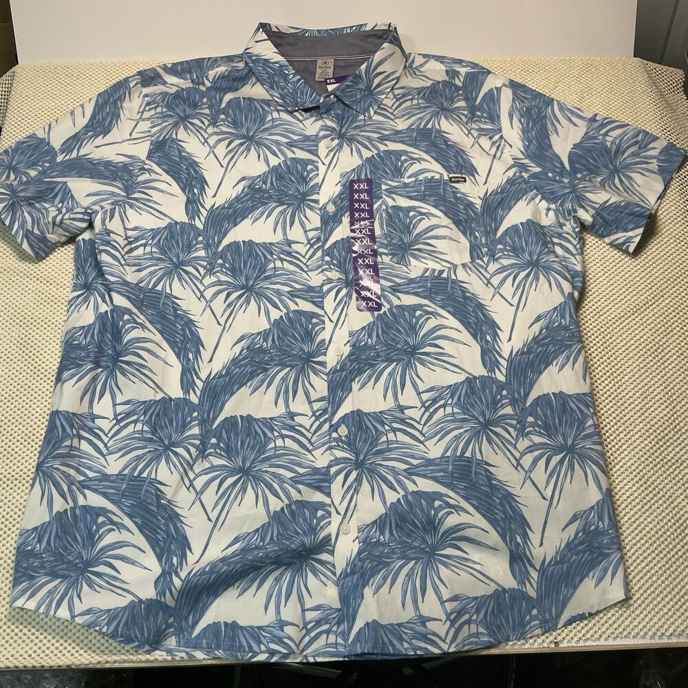 Hurley Patio Hawaiian Shirt Men’s XXL Cream Blue Palm Floral Regular Fit NWT